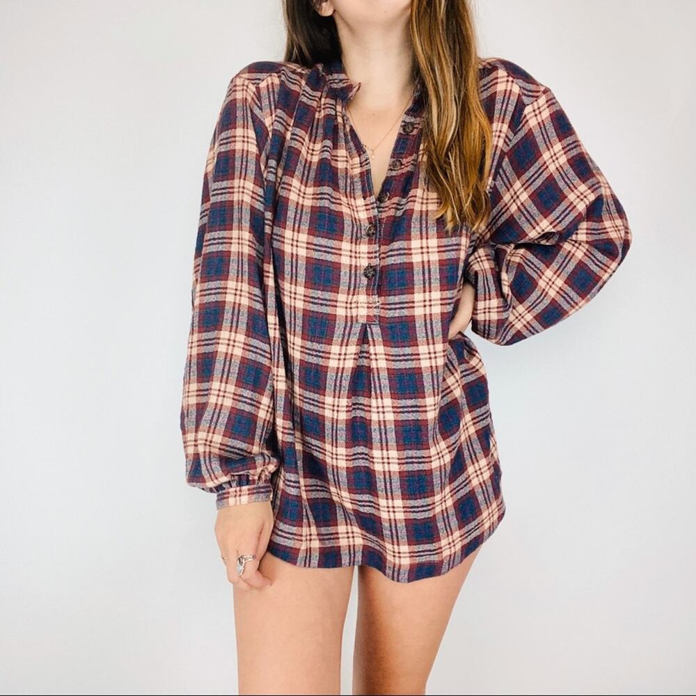 Free People maroon balloon sleeve flannel tunic